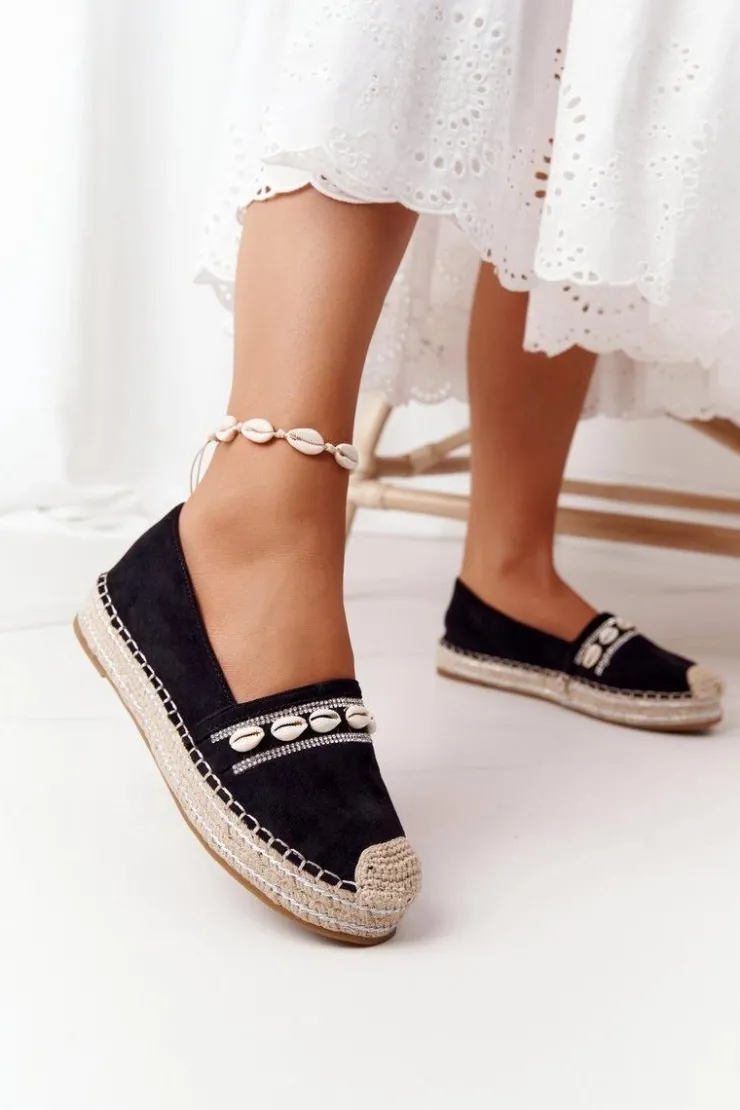 Damskie Boto Espadryle Na Platformie Z Muszelkami Czarne Seashell