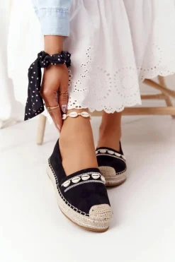 Damskie Boto Espadryle Na Platformie Z Muszelkami Czarne Seashell
