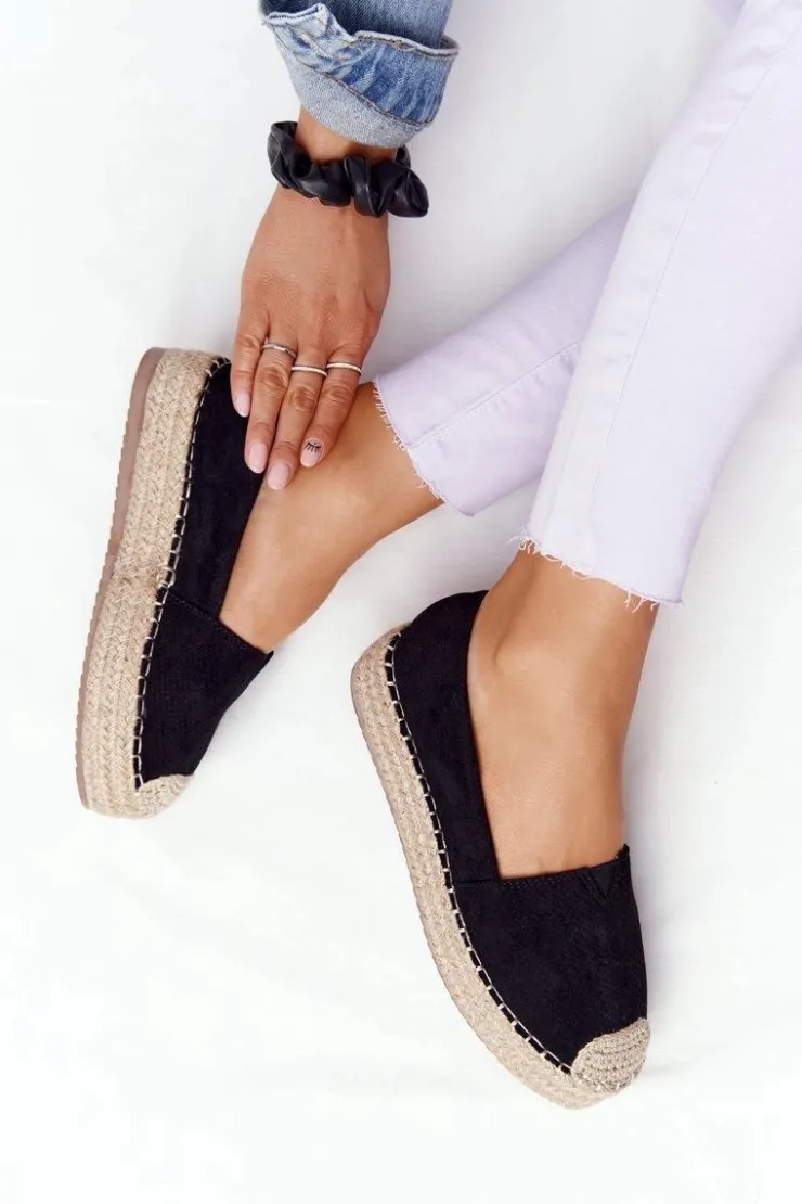 Boto Czarne Espadryle*Espadryle Na Słomkowej Platformie Czarne Highway