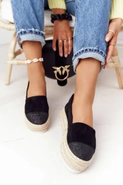 Damskie Damskie buty S.Barski Espadryle Na Słomkowej Platformie S.Barski Czarne