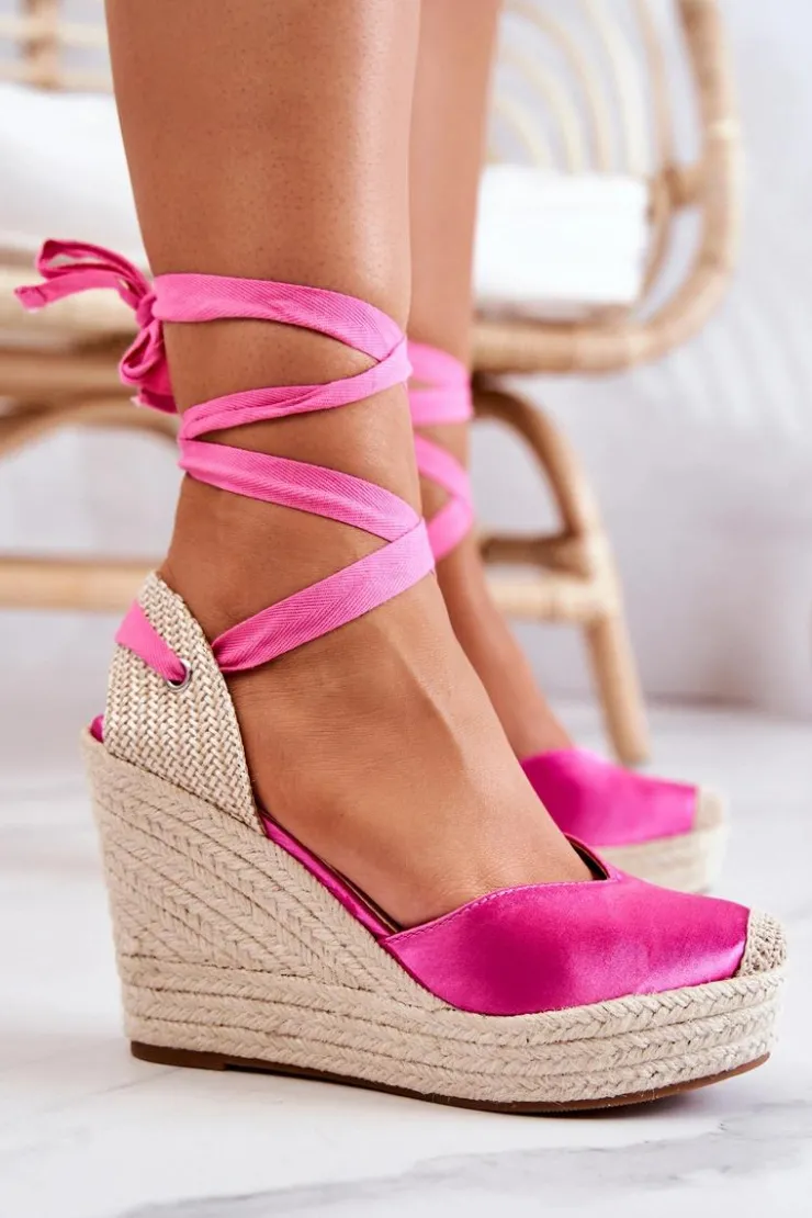 Damskie Boto Espadryle Sandały Na Koturnie Różowe Terrific