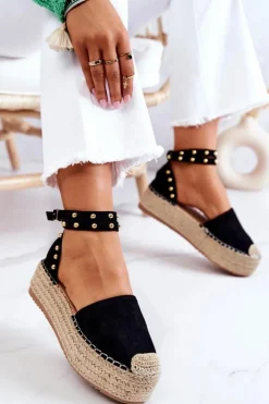 Damskie Boto Espadryle Sandały Z Dżetami Czarne Lillian