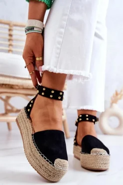 Damskie Boto Espadryle Sandały Z Dżetami Czarne Lillian