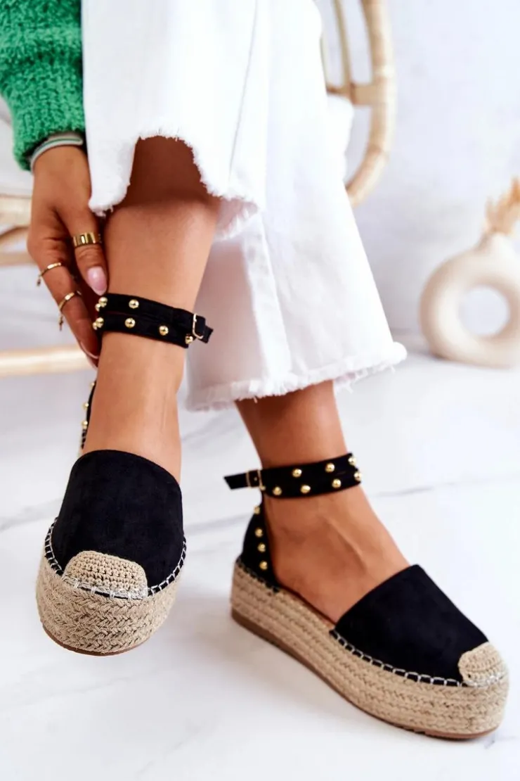 Damskie Boto Espadryle Sandały Z Dżetami Czarne Lillian