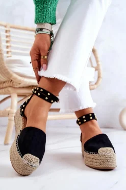 Damskie Boto Espadryle Sandały Z Dżetami Czarne Lillian