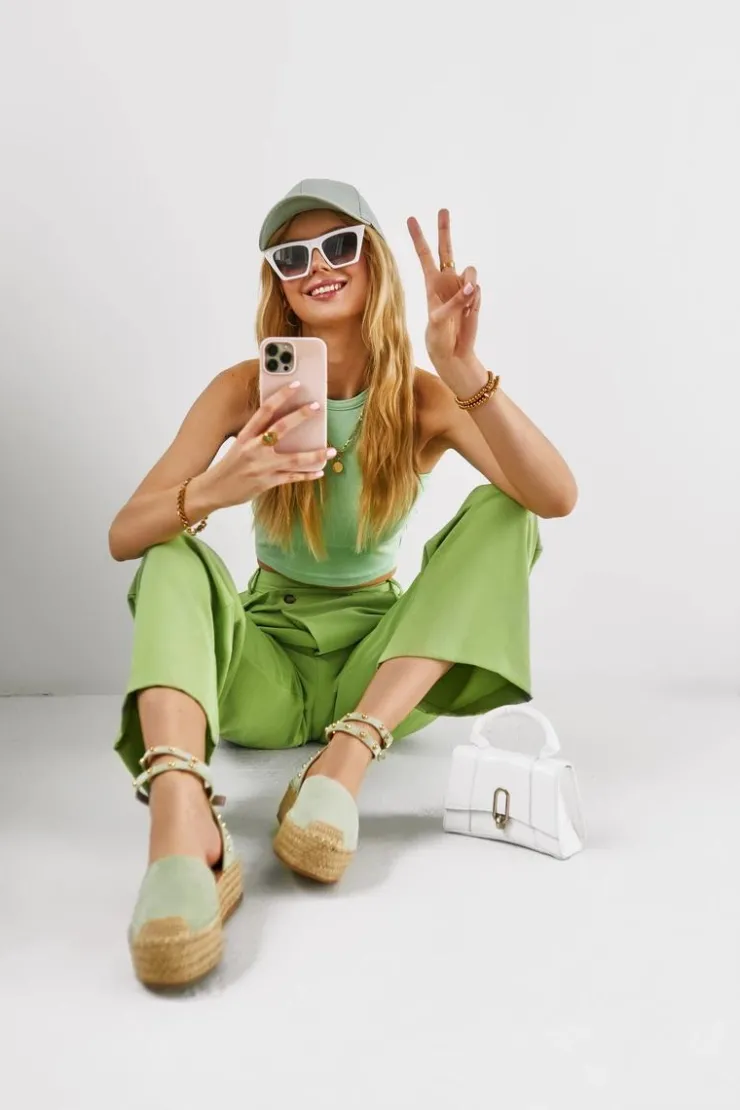 Hot Boto Espadryle Sandały Z Dżetami Zielone Lillian