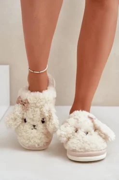 Boto Kapcie Klasyczne*Futrzane Ciepłe Kapcie Damskie Beżowe Falinivia