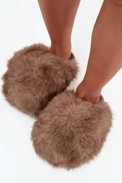 Outlet Boto Futrzane Kapcie Damskie Brązowe Iseline Brązowy