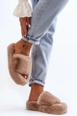 New Boto Futrzane Kapcie Damskie Beżowe Biella Beżowy