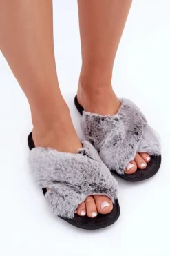 INBLU Kapcie Klasyczne|Klapki Z Futerkiem*Futrzane Kapcie Damskie 6800006D Szare
