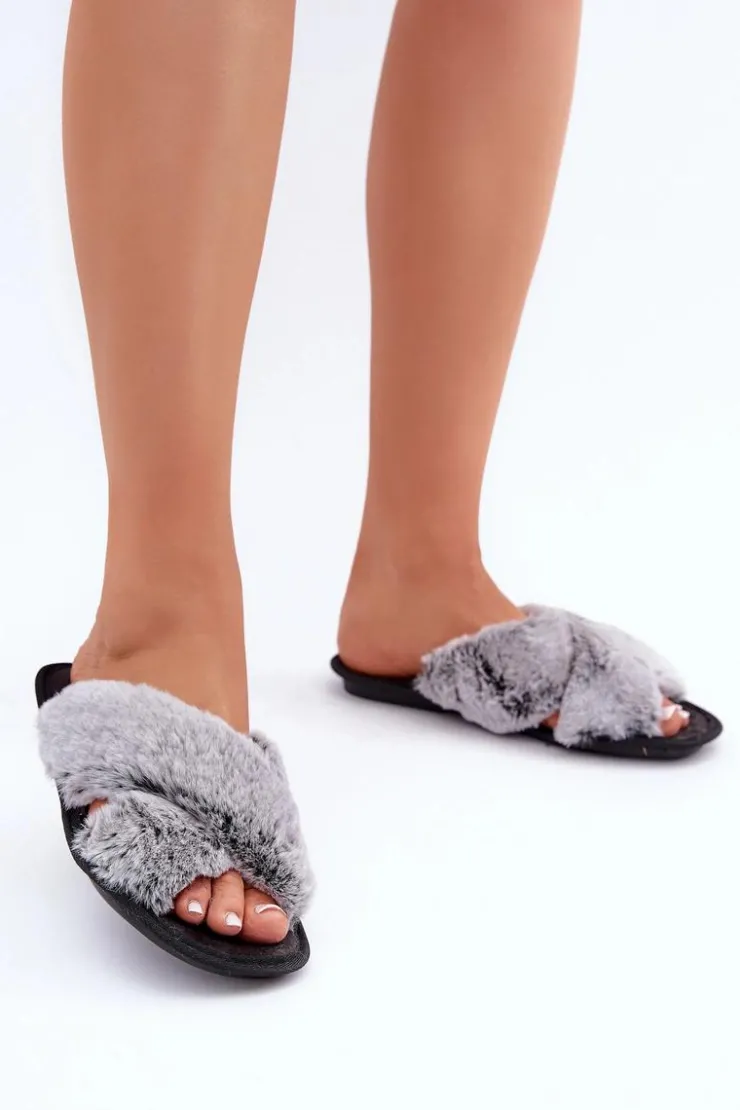 INBLU Kapcie Klasyczne|Klapki Z Futerkiem*Futrzane Kapcie Damskie 6800006D Szare