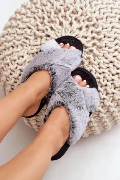 INBLU Kapcie Klasyczne|Klapki Z Futerkiem*Futrzane Kapcie Damskie 6800006D Szare