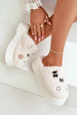 Boto Kapcie Klasyczne*Futrzane Kapcie Damskie Na Grubej Podeszwie Z Przypinkami Jasnobeżowe Zintoria