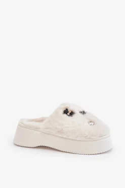 Boto Kapcie Klasyczne*Futrzane Kapcie Damskie Na Grubej Podeszwie Z Przypinkami Jasnobeżowe Zintoria