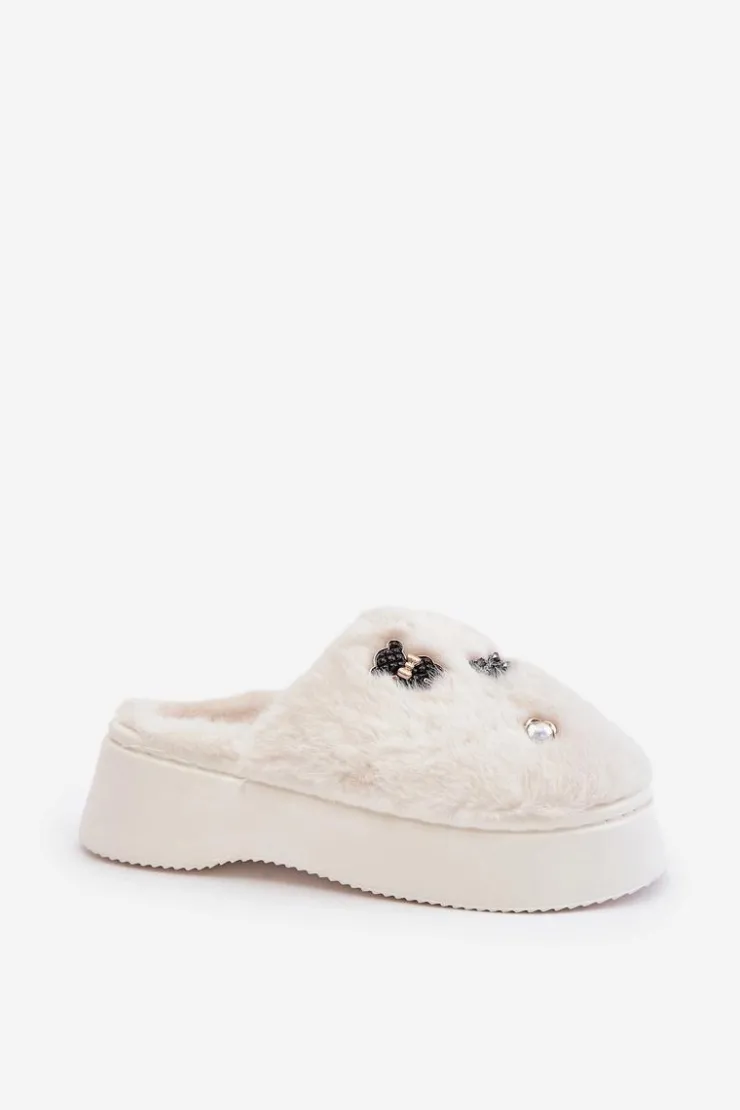 Boto Kapcie Klasyczne*Futrzane Kapcie Damskie Na Grubej Podeszwie Z Przypinkami Jasnobeżowe Zintoria