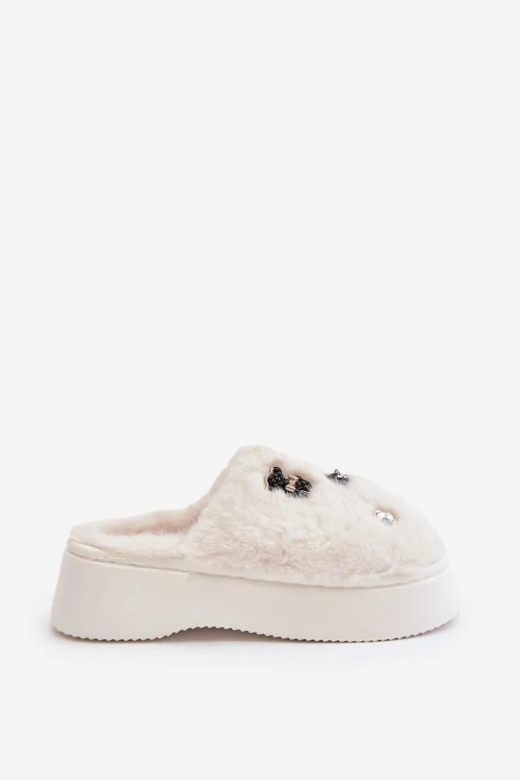 Boto Kapcie Klasyczne*Futrzane Kapcie Damskie Na Grubej Podeszwie Z Przypinkami Jasnobeżowe Zintoria