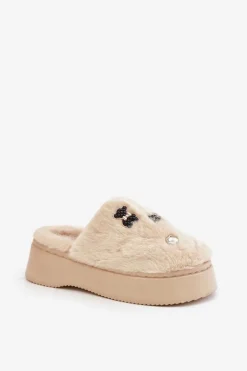 Damskie Boto Futrzane Kapcie Damskie Na Grubej Podeszwie Z Przypinkami Beżowe Zintoria