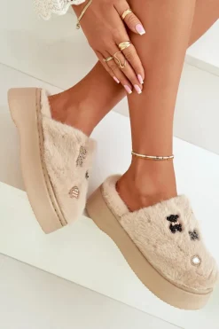 Damskie Boto Futrzane Kapcie Damskie Na Grubej Podeszwie Z Przypinkami Beżowe Zintoria