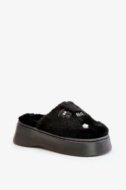 Boto Kapcie Klasyczne*Futrzane Kapcie Damskie Na Grubej Podeszwie Z Przypinkami Czarne Zintoria Czarny