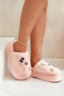 Damskie Boto Futrzane Kapcie Damskie Na Grubej Podeszwie Z Przypinkami Różowe Zintoria