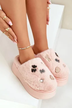 Damskie Boto Futrzane Kapcie Damskie Na Grubej Podeszwie Z Przypinkami Różowe Zintoria