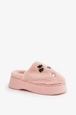 Damskie Boto Futrzane Kapcie Damskie Na Grubej Podeszwie Z Przypinkami Różowe Zintoria