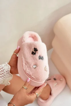 Damskie Boto Futrzane Kapcie Damskie Na Grubej Podeszwie Z Przypinkami Różowe Zintoria