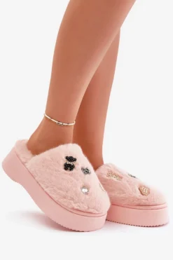 Damskie Boto Futrzane Kapcie Damskie Na Grubej Podeszwie Z Przypinkami Różowe Zintoria