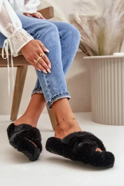 Damskie Boto Futrzane Kapcie Damskie Na Grubej Podeszwie Czarne Lavitera