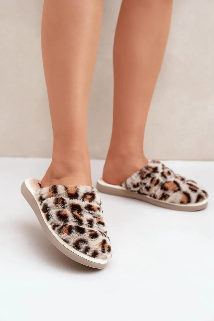 Damskie INBLU Futrzane Kapcie Damskie Panterka EK000008 Beżowe