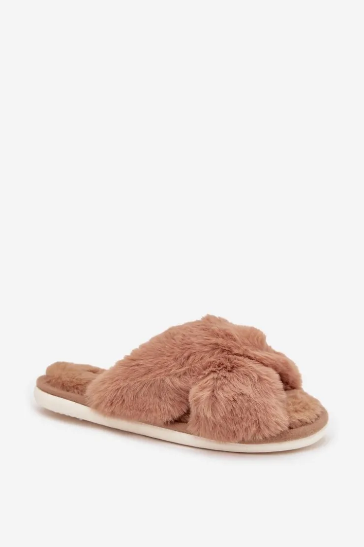 Evento Kapcie Klasyczne*Futrzane Kapcie Damskie Z Przeplatającymi Się Paskami Camel Quenelle