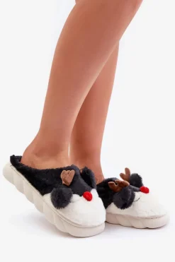 Clearance Boto Futrzane Kapcie Damskie Z Motywem Renifera Czarne Wistira Czarny