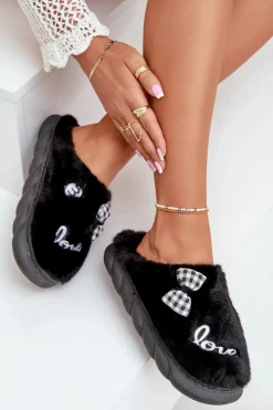 Boto Kapcie Klasyczne*Futrzane Kapcie Damskie Z Naszywkami I Kokardką Czarne Linnorelia Czarny