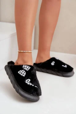 Boto Kapcie Klasyczne*Futrzane Kapcie Damskie Z Naszywkami I Kokardką Czarne Linnorelia Czarny