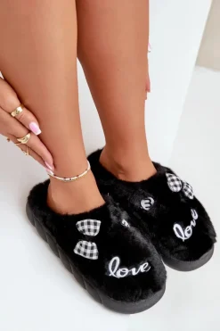 Boto Kapcie Klasyczne*Futrzane Kapcie Damskie Z Naszywkami I Kokardką Czarne Linnorelia Czarny