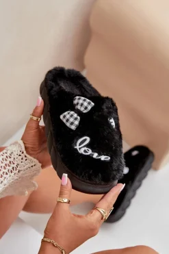 Boto Kapcie Klasyczne*Futrzane Kapcie Damskie Z Naszywkami I Kokardką Czarne Linnorelia Czarny