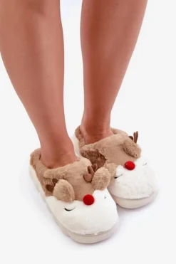 Damskie Boto Futrzane Kapcie Damskie Z Motywem Renifera Brązowe Wistira