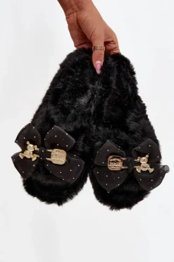 Damskie Boto Futrzane Kapcie Damskie Z Kokardą I Złotą Ozdobą Czarne Nolara