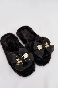 Damskie Boto Futrzane Kapcie Damskie Z Kokardą I Złotą Ozdobą Czarne Nolara