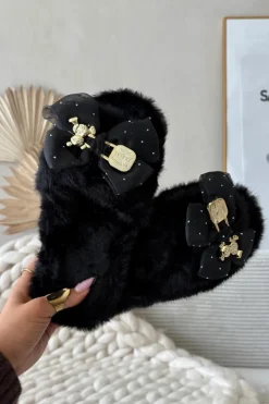 Damskie Boto Futrzane Kapcie Damskie Z Kokardą I Złotą Ozdobą Czarne Nolara