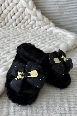 Damskie Boto Futrzane Kapcie Damskie Z Kokardą I Złotą Ozdobą Czarne Nolara