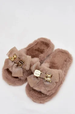 Damskie Boto Futrzane Kapcie Damskie Z Kokardą I Złotą Ozdobą Ciemnobeżowe Nolara