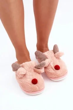 Boto Kapcie Klasyczne*Futrzane Kapcie Damskie Z Motywem Renifera Różowe Sennalith Różowy