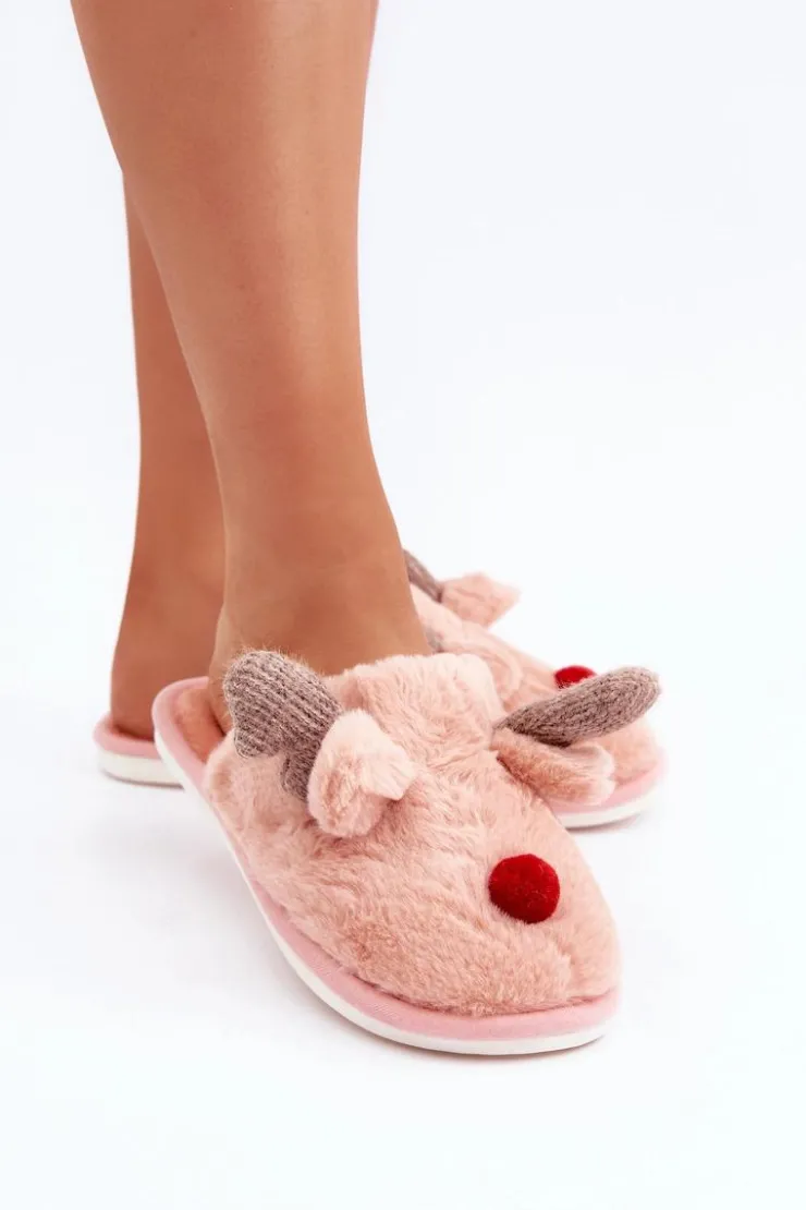 Boto Kapcie Klasyczne*Futrzane Kapcie Damskie Z Motywem Renifera Różowe Sennalith Różowy