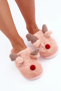 Boto Kapcie Klasyczne*Futrzane Kapcie Damskie Z Motywem Renifera Różowe Sennalith Różowy