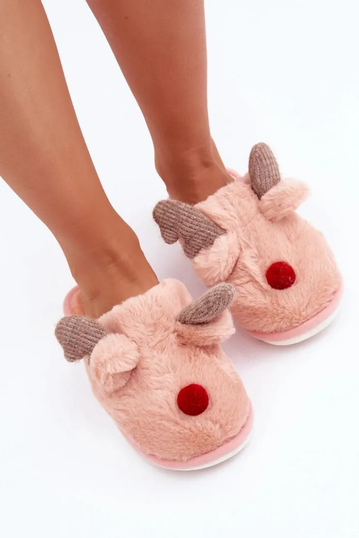 Boto Kapcie Klasyczne*Futrzane Kapcie Damskie Z Motywem Renifera Różowe Sennalith Różowy
