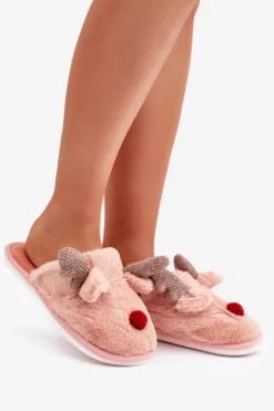 Boto Kapcie Klasyczne*Futrzane Kapcie Damskie Z Motywem Renifera Różowe Sennalith Różowy