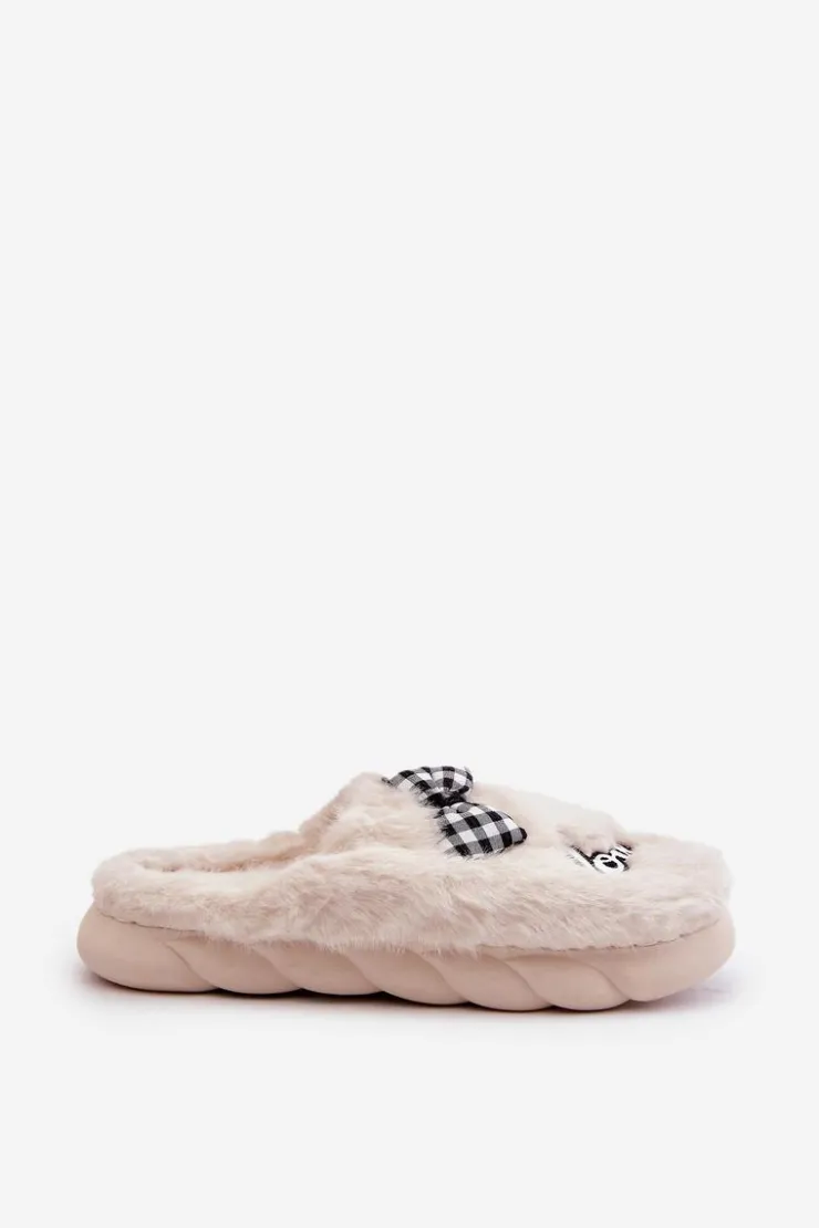 Boto Kapcie Klasyczne*Futrzane Kapcie Damskie Z Naszywkami I Kokardką Jasnobeżowe Linnorelia Beżowy