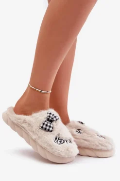 Boto Kapcie Klasyczne*Futrzane Kapcie Damskie Z Naszywkami I Kokardką Jasnobeżowe Linnorelia Beżowy
