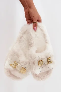 Boto Kapcie Klasyczne*Futrzane Kapcie Damskie Z Kokardą I Złotą Ozdobą Jasnobeżowe Nolara Beżowy